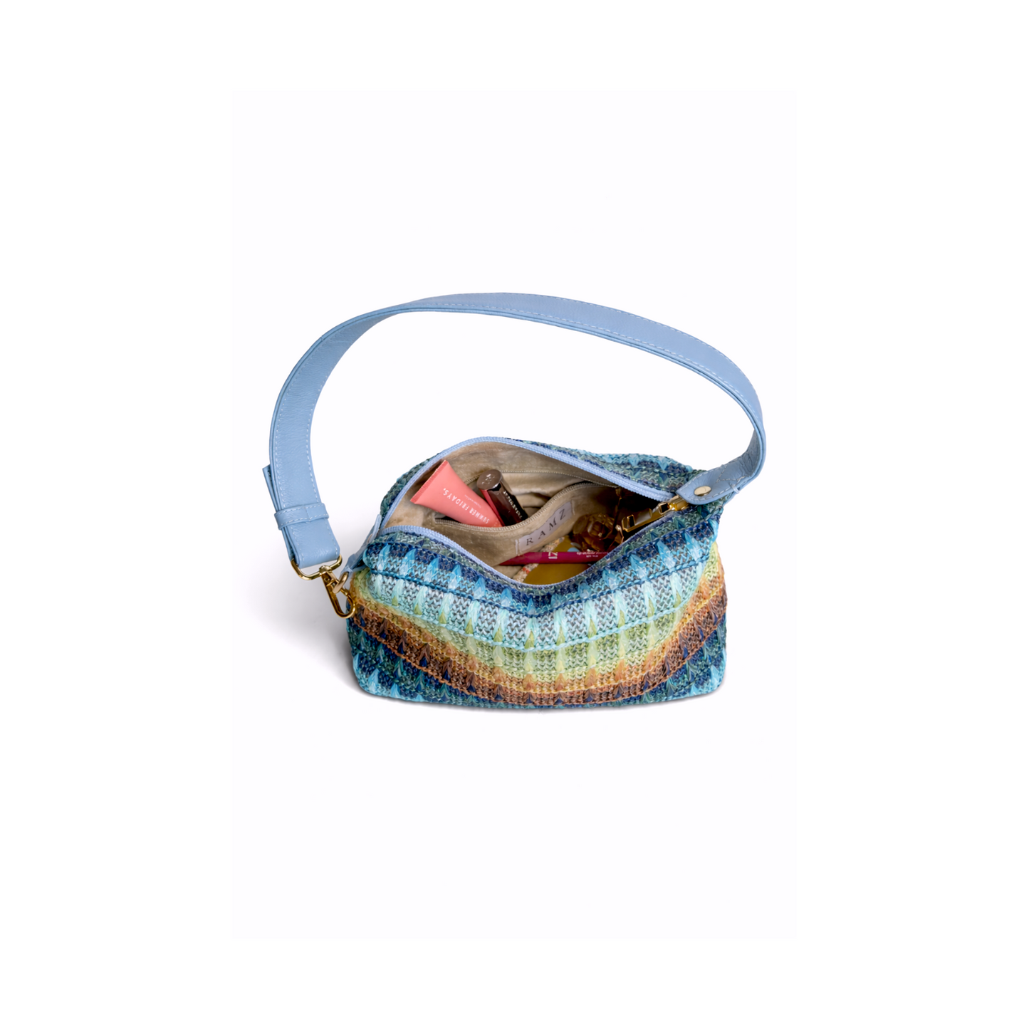 Mira in Blue Tones - Genuine Leather & Raffia